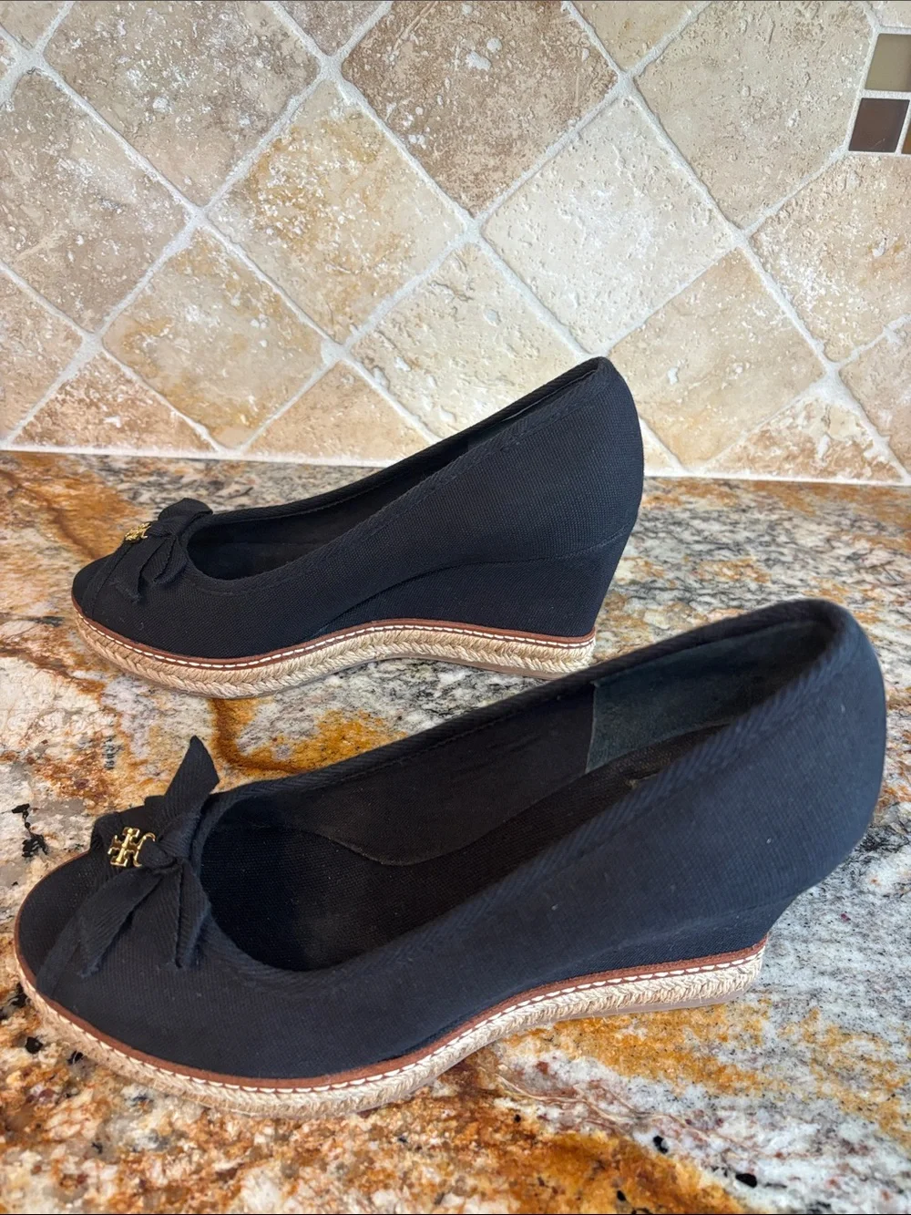 Tory Burch Black Espadrille Wedge Peep-Toe Pumps with Gold Logo